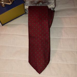 rooster Italy Made Cherry Red Green Gold Square Diamonds Textured Polyester Tie